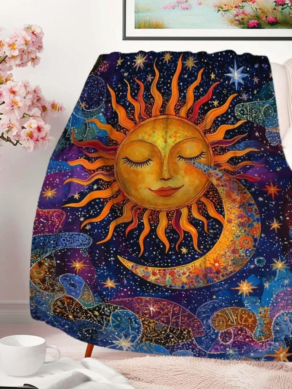 Sun and Moon Throw Blanket, Celestial Stars Boho Fleece Blanket, Soft Lightweigh